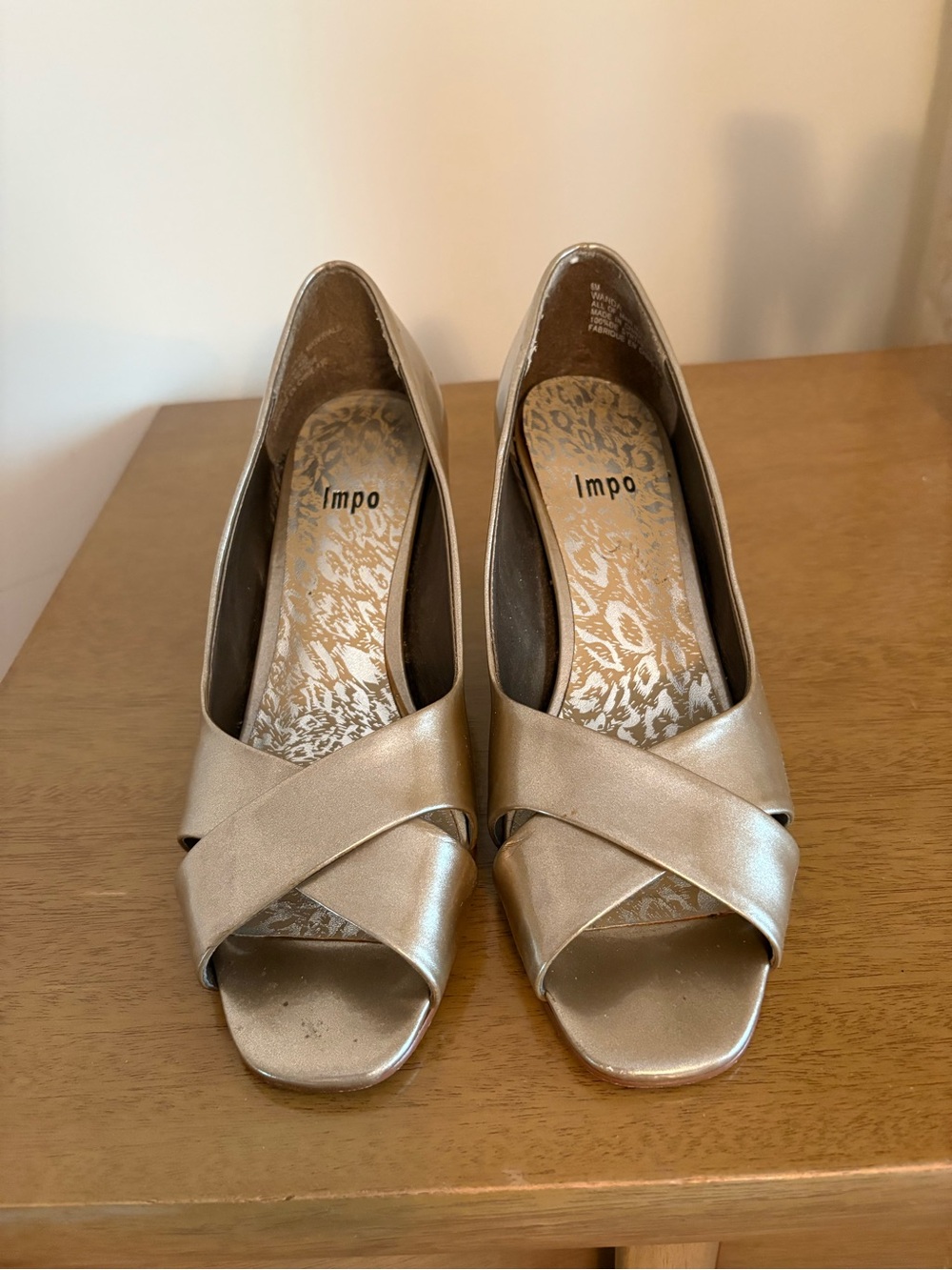 Impo Metallic Gold Peep-Toe Crossover Heels